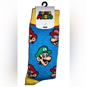 Super Mario Crew Socks 1 Pair Men's 8-12 Blue Red w Mario & Luigi Faces Nintendo
